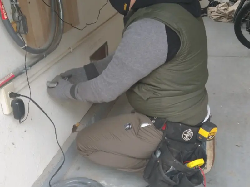 Electrician performing outlet wiring in a Lake City garage
